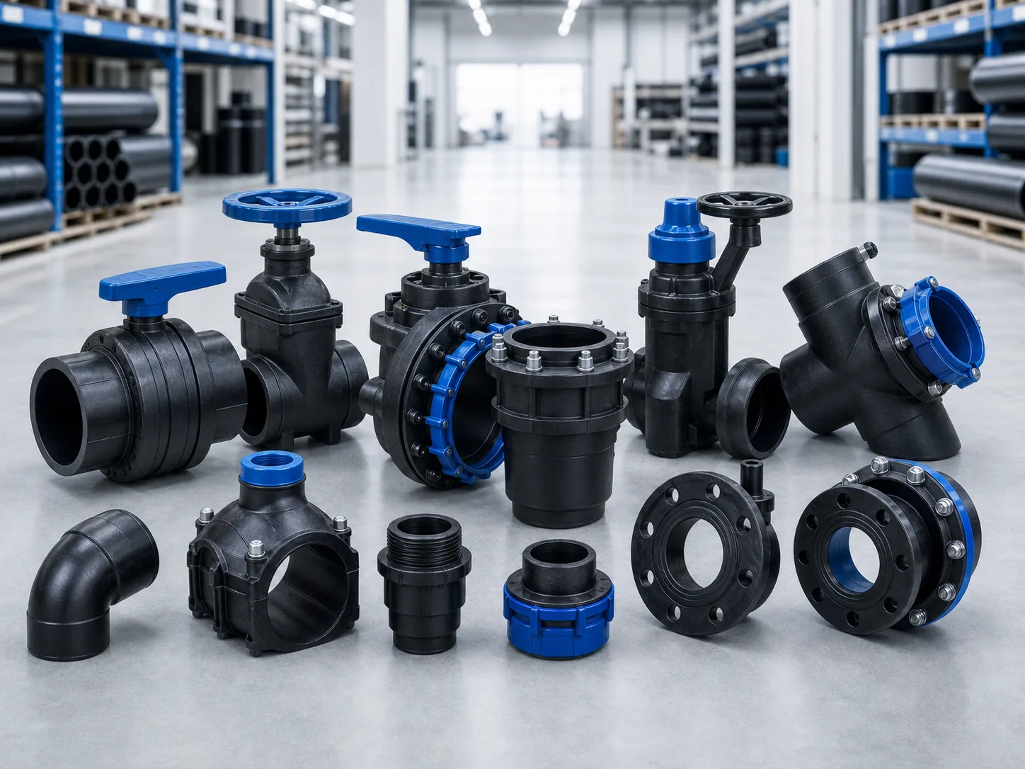 Válvulas, flanges, adaptadores e acessórios hidráulicos PEAD